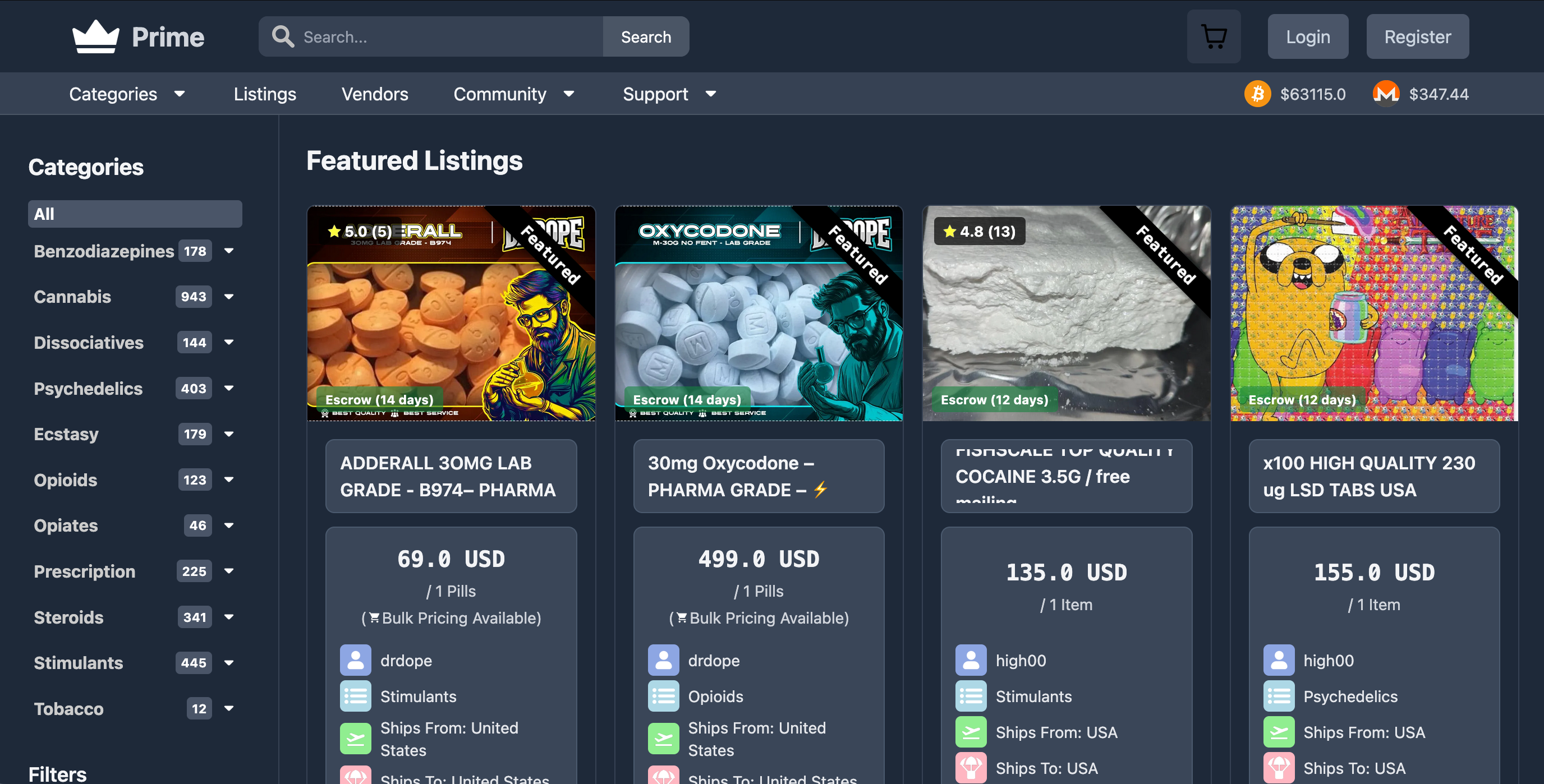 Prime Market darknet marketplace interface showing product listings and escrow system